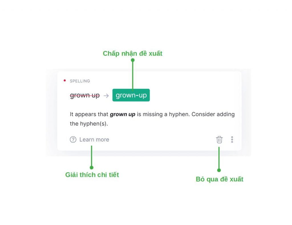 Cách chấp nhận, bỏ qua,... gợi ý của Grammarly